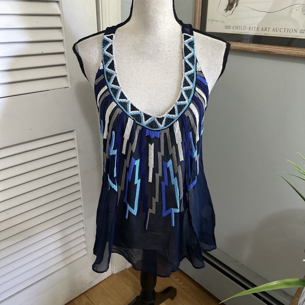 Creative Commune Top Womens Large Blue Beaded Silk Artsy Boho Indie Sleaze